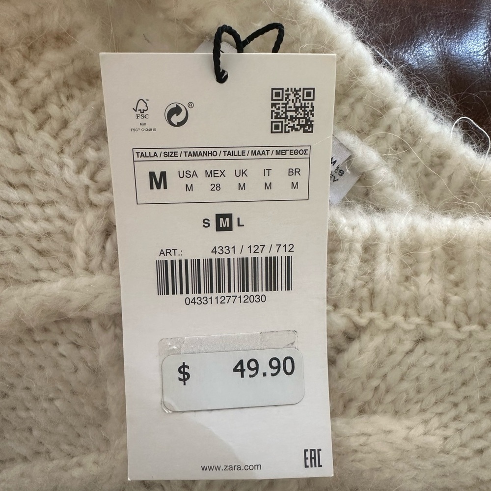 Zara Cream Cable Knit Short Sleeve Sweater NWT Size M - Picture 6 of 6